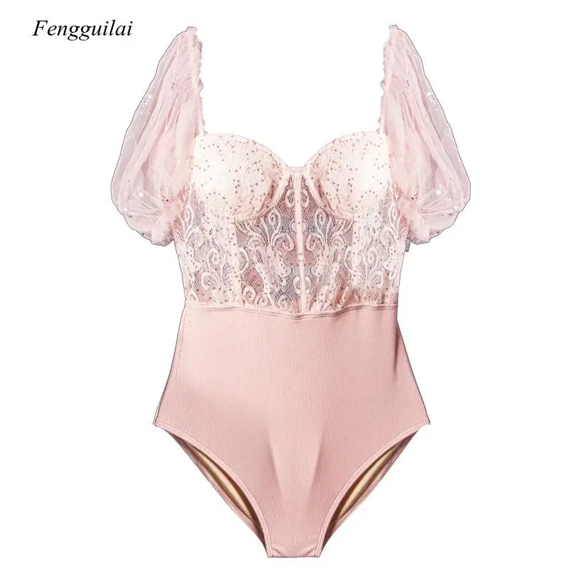

mesh lace One Piece Swimsuit bodysuit women Monokini Long Sleeve hollow out sexy long sleeve jumpsuit romper