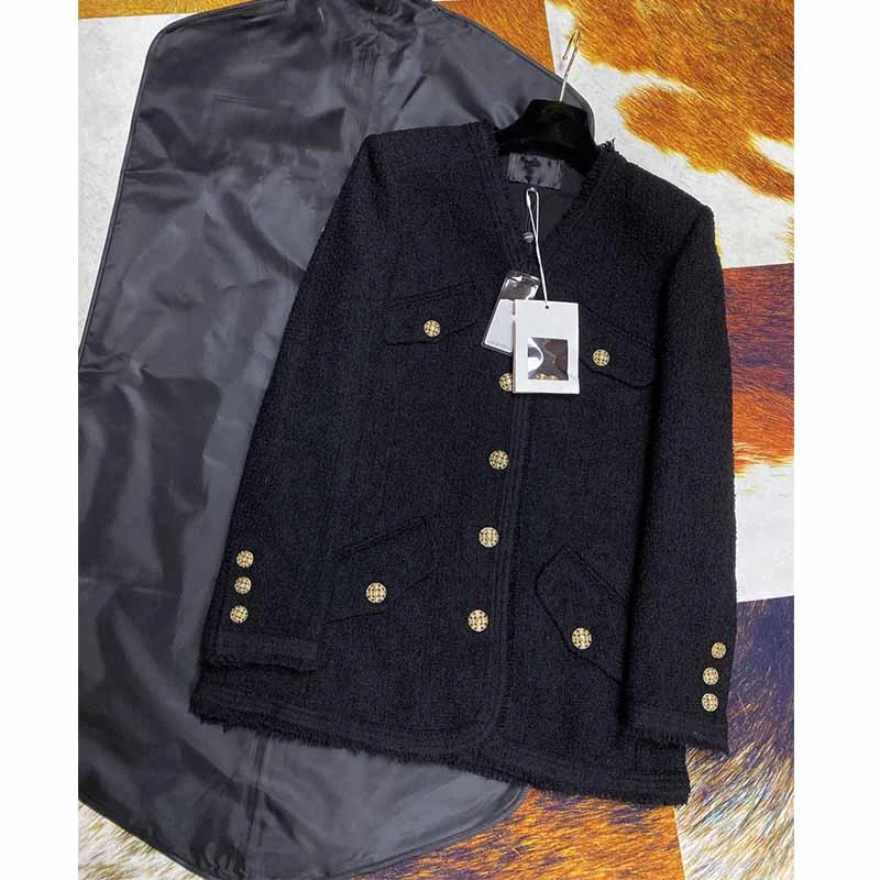 Cosmicchic 2020 Autumn Winter Tweed Black Jacket Long Sleeve V-neck Silk Lining Feminino Blazer Gold Bottons Pocket Runway Coat