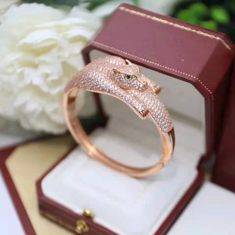 

Fashion 18K Gold Green Eyes Leopard Cuff Bangle Finger Ring Panther Animal Jewelry Set for Men Women with AAA Zircon