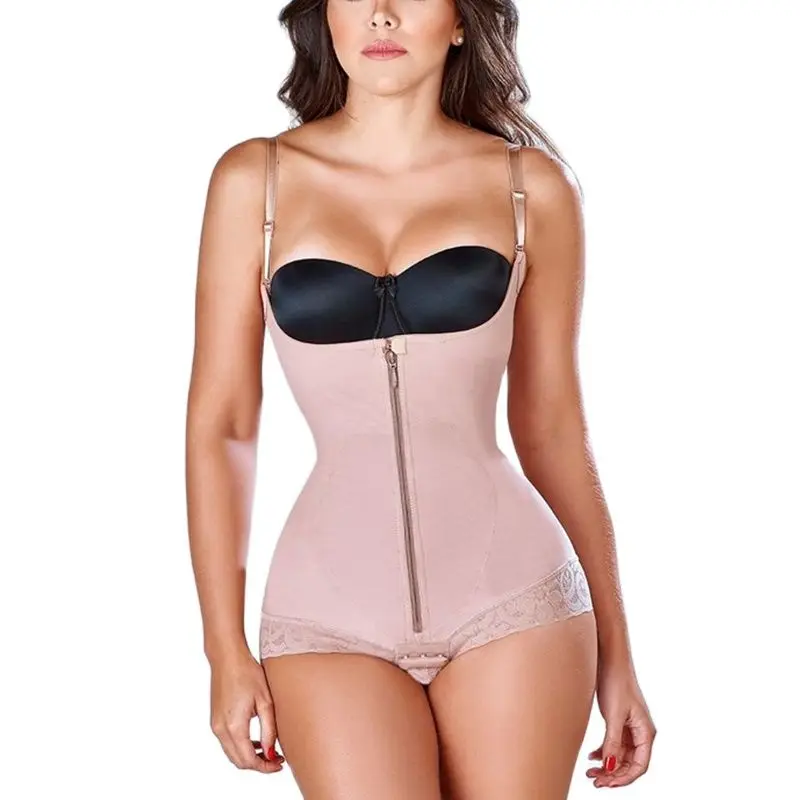 

Women Shapewear Straps Tummy Control Bodysuit Waist Trainer Cincher Zipper Body Shaper Lace Fajas