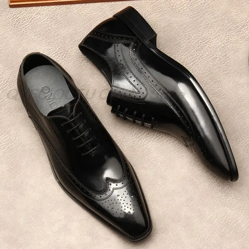 

Броги мужские из натуральной кожи, классические туфли, на шнуровке, заостренный носок, классические, роскошные деловые, коричневые, черные