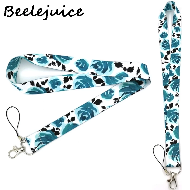 

24pcs Blue Flower Rose Lanyard Keys Phone Holder Funny Neck Strap With Keyring ID Card DIY Animal webbings ribbons Hang Rope