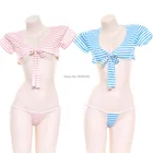 Комплект для косплея Kawaii, женский купальный костюм, пикантный купальник, розовый синий купальник в полоску, купальник, Эротическая пляжная одежда, купальный костюм