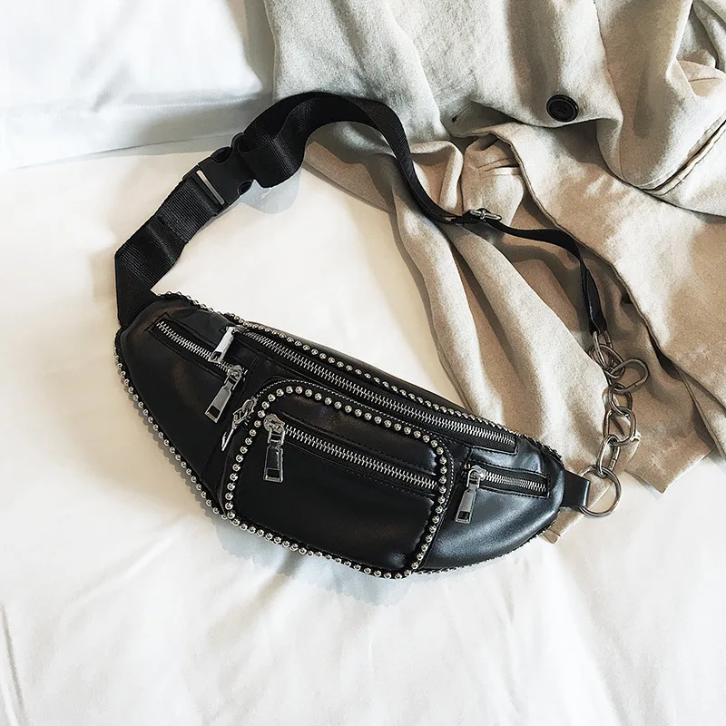 

2021 Autumn New European And American Fashion Waist Bag Chest Bag Rivet Zipper Chain Rock Punk Handbag