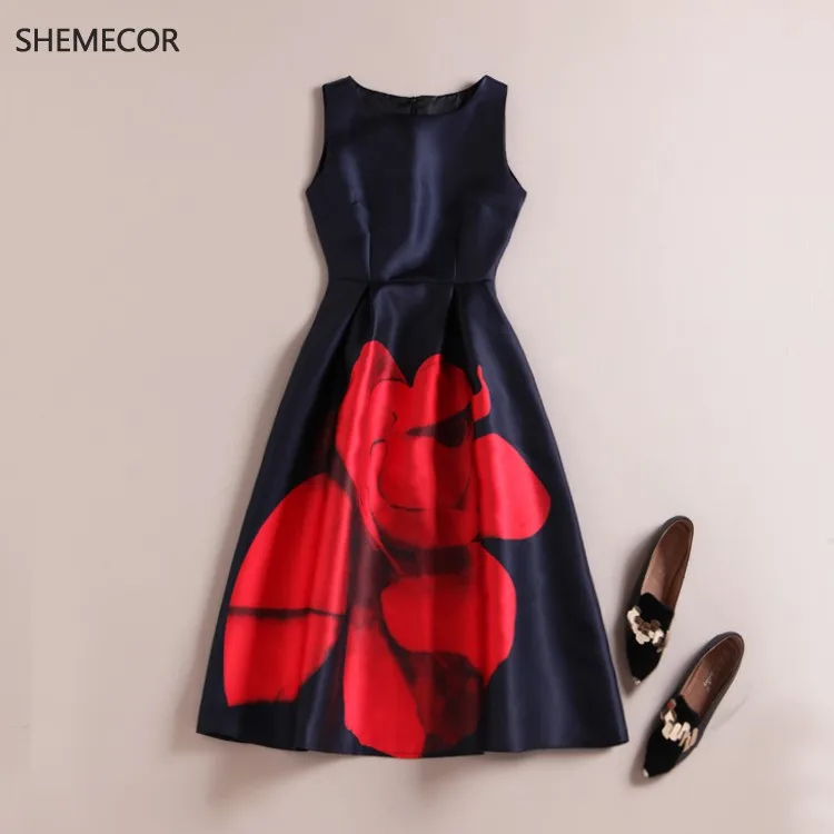 SHEMECOR, осень, новое женское платье Mori Girl, свежий стиль, цветок лотоса, цветочный принт, высокая талия, ТРАПЕЦИЕВИДНОЕ платье без рукавов, голубое, розовое, размера плюс