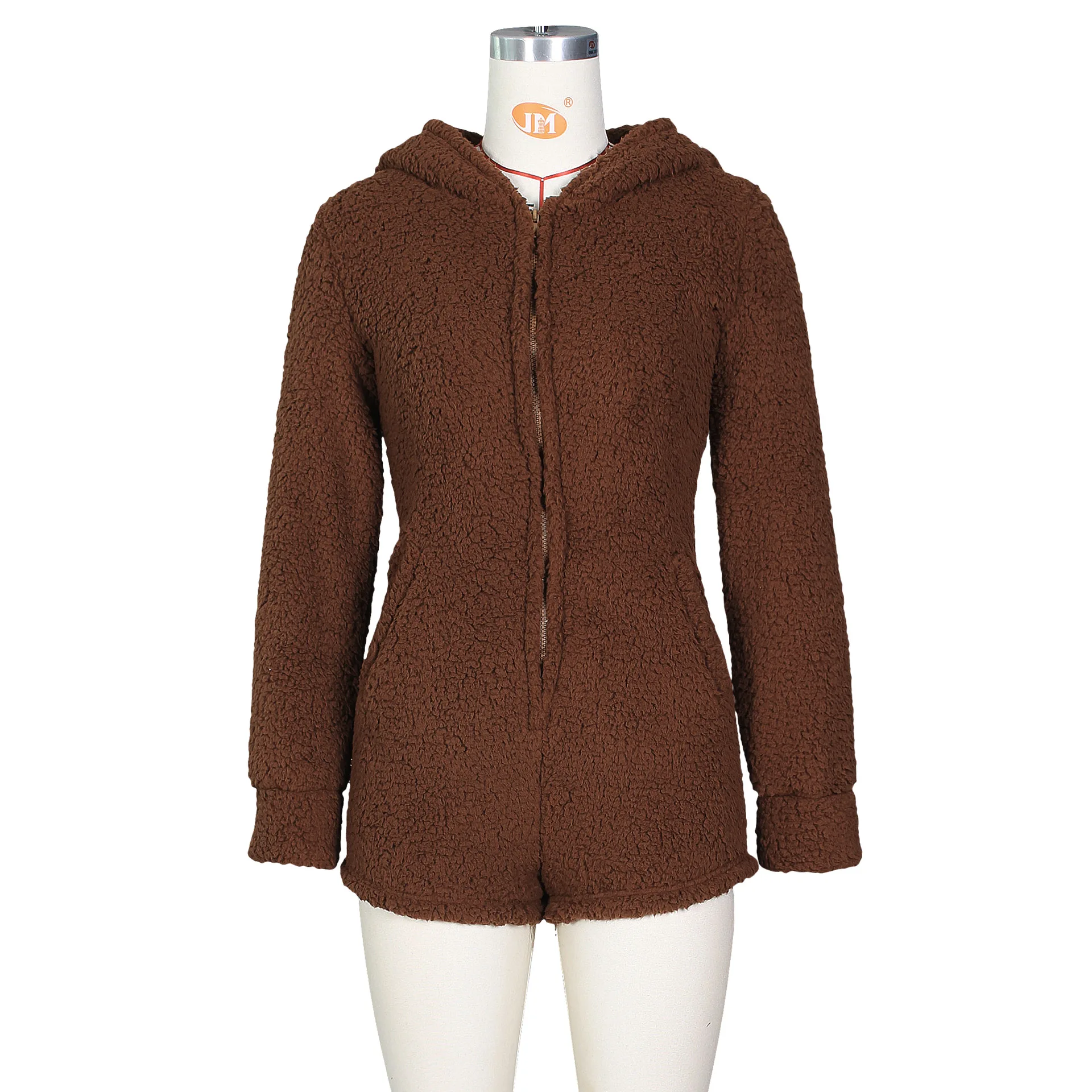 

Casual Teddy Furry Housewear Hooded Ear Bodysuit Playsuit Sexy Zipper Long Sleeve Shorts Romper Jumpsuit Overalls For Women