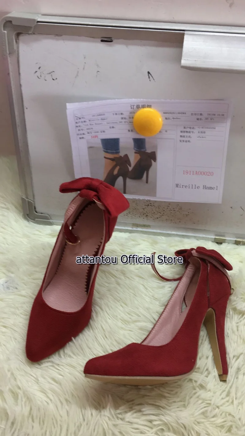 as showed color Женские замшевые туфли-лодочки на высоком тонком каблуке с острым носком и бантиком сзади цвета красного вина; туфли для вечеринки; большие размеры 34-43 - Цвет: as showed color