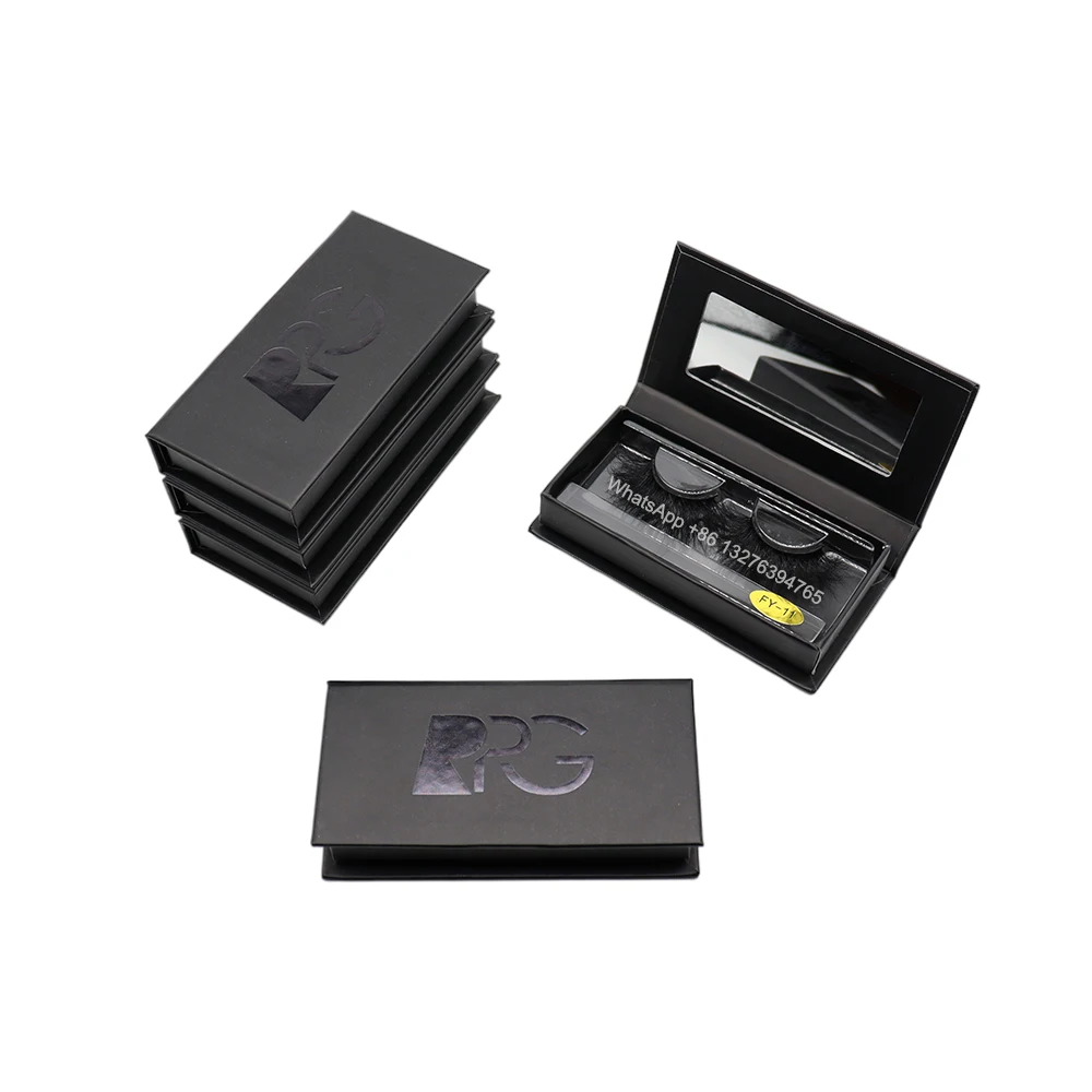 

Logo Embossed Black Eyelash Case With Mirror Wholesale Long 25mm 5D Mink Lashes With Packaging Customize Logo Lash Box