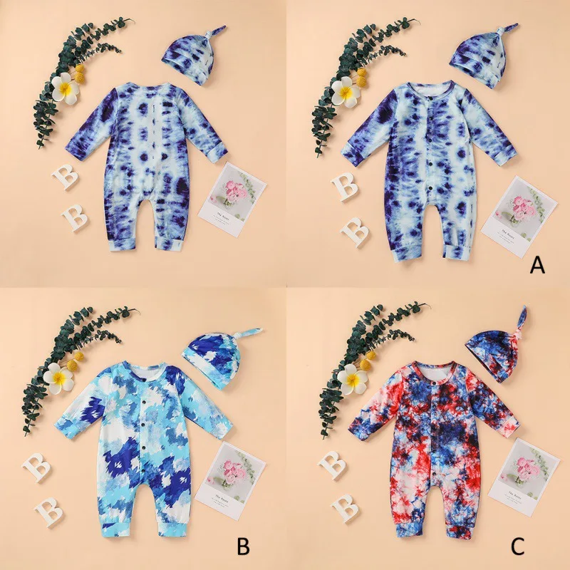 

Baby Boys Girls Clothes Autumn Newborn Kids Tie Dye Print Long Sleeve Button Rompers Hat Infant Sleepwear Outfit Jumpsuit Clothe