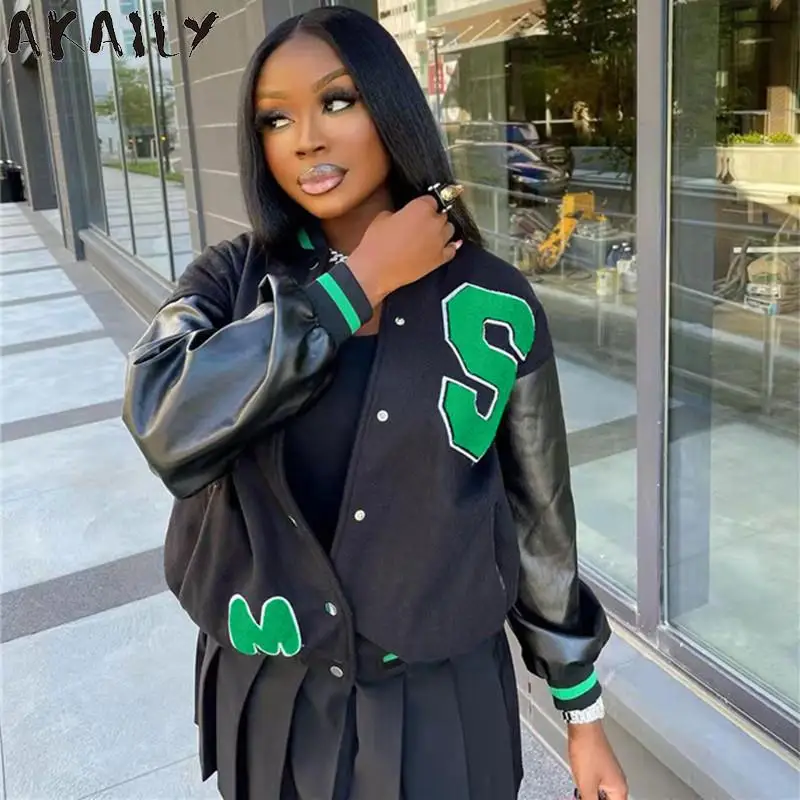 

Akaily Autumn Winter Leather Patchwork Jackets For Women 2021 Embroidery Long Sleeve Coat Women Black Varsity Baseball Jacket