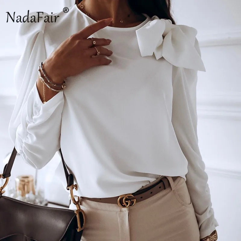 Nadafair лук женская белая блузка Мода 2020 Весна шифоновая рубашка с длинным рукавом