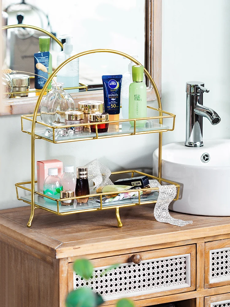 

Desktop Cosmetic Storage Rack Jewelry Storage Box Toilet Washstand Shelf Multi-layer Tray Metal Frame Stable Non-slip Bathroom