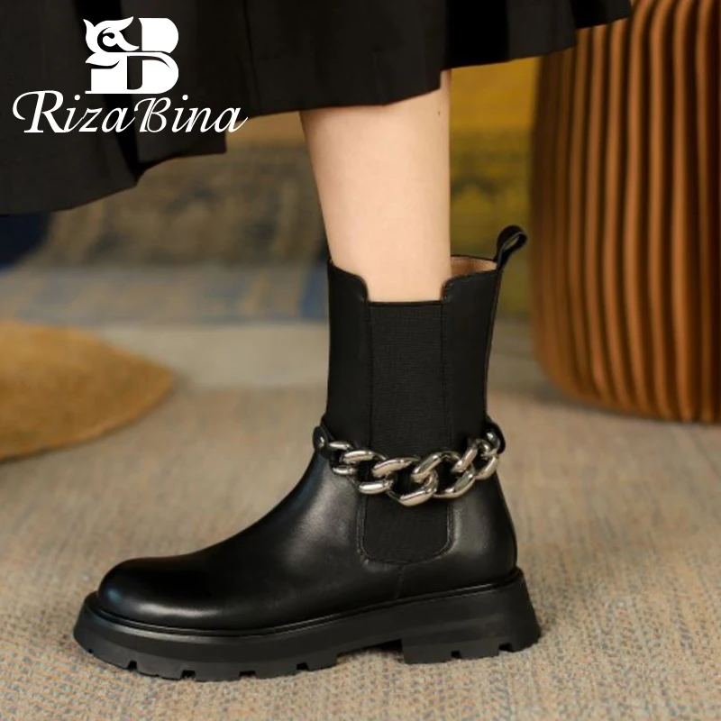 

RIZABINA 2022 Genuine Leather Ankle Boots Shoes Women Flat Heel Metal Chains Cool Short Boot Style Ladies Footwear Size 34-39