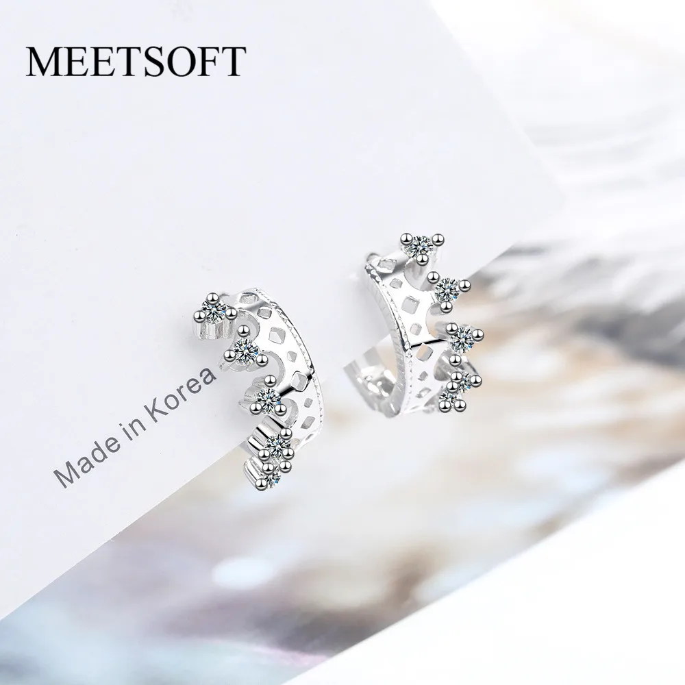 MEETSOFT 925 Sterling Silver Prevent Allergy Crystal Hoop Earrings for Women Trendy Small Irregular Crown Circle Jewelry Gift | Украшения и