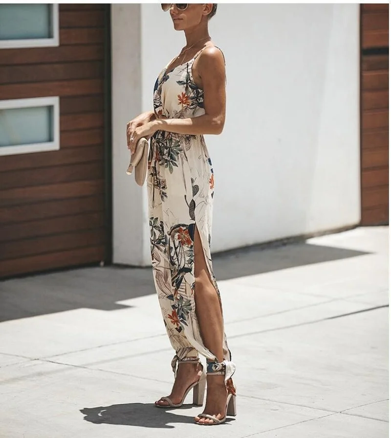 

Женский Длинный комбинезон на бретельках, хлопковый комбинезон с цветочным принтом, высокой талией, открытой спиной и глубоким V-образным в...