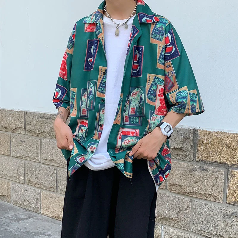

Short Sleeve Shirts Summer Oversize Five-point Sleeve Beach Shirt Loose Hiphop Tops Streetwear Hawaiian Male Clothes Thin Coat