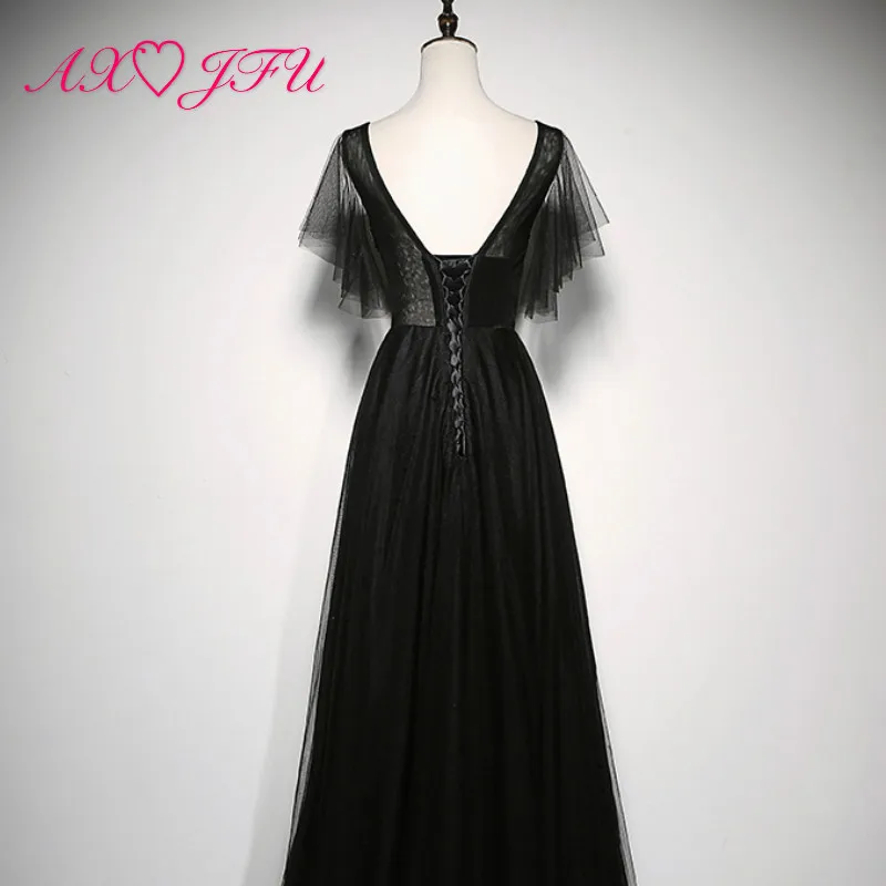 

AXJFU princess black lace evening Dress vintage party sweet heart ruffles beading crystal bride performance black evening dress