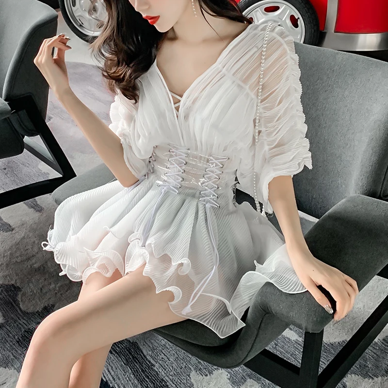 

Bandage Chiffon Women Blouse 2021 Summer New Short-sleeved White V-neck Slim Ruffles Lady Elegant Pulls Outwear Tops Tees