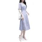Женское платье до колен, с V-образным вырезом и коротким рукавом, с принтом, повседневное, для офиса, для лета, 2021