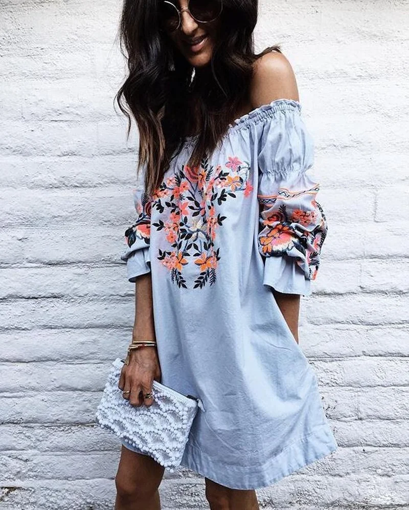 

2021 Spring and Summer One-neck Simple and Fresh Print Trumpet Sleeve Wooden Ear Dress Dresses for Women