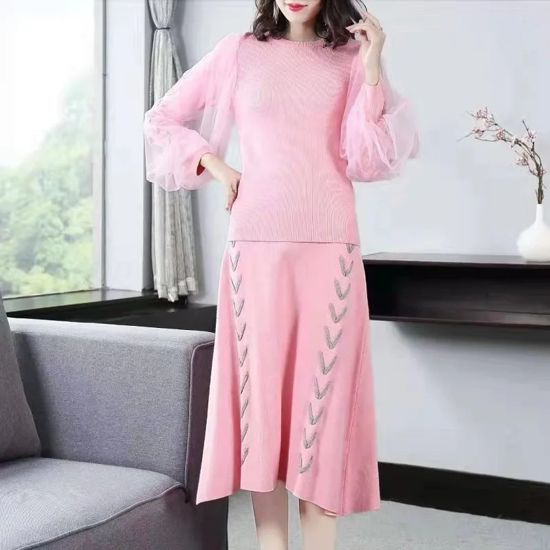 

Two Piece Sweater Sets 2020 Autumn Winter Suit Ladies Sexy Sheer Mesh Patchwork Pullovers+Mid-Calf Pink Knitted Skirts Set