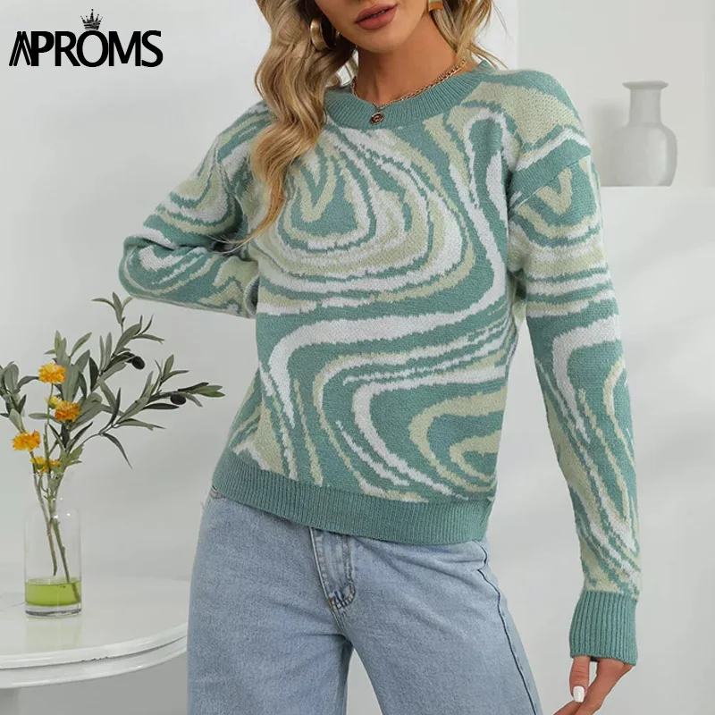 

Aproms Elegant Green Flowing Swirl Knitted Sweater Women 2021 Winter Soft Stretch Pullovers Female Ribbed Warm Jumper Pull Femme