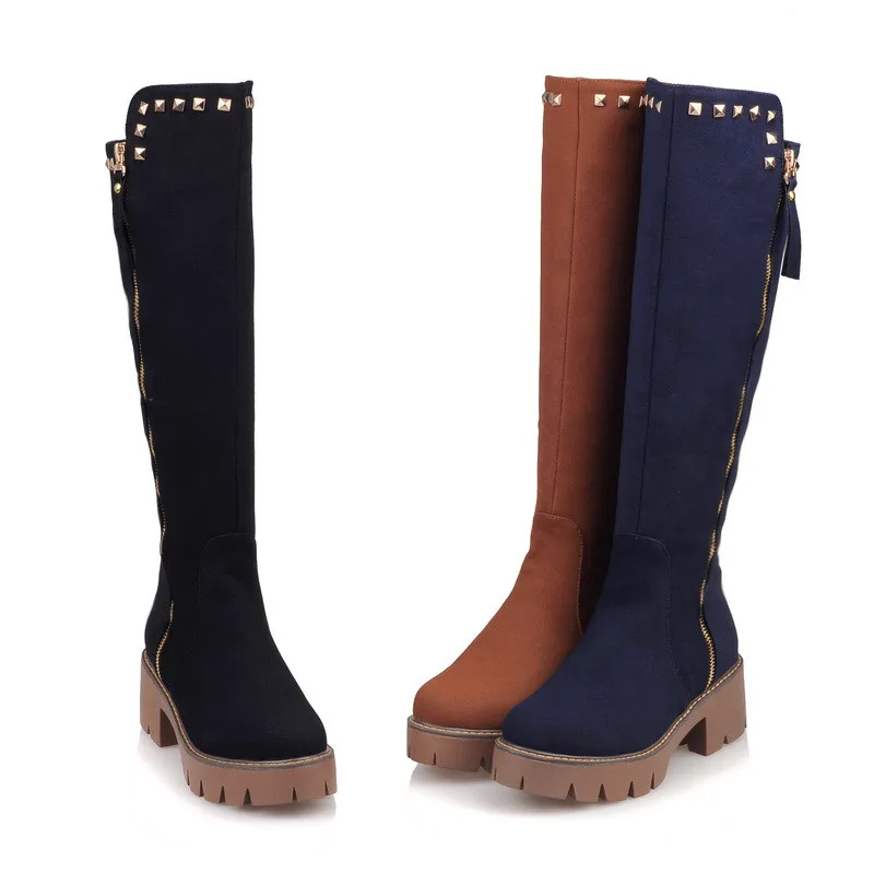 

MoonMeek 2020 big size 33-43 knee high boots med heels round toe winter shoes comfortable flock women boots black blue