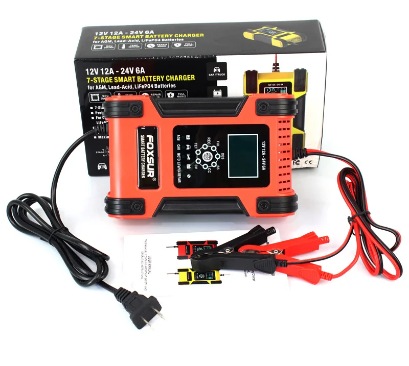 FOXSUR 12V24V 12A Automatic Car Battery Charger Pulse Repair LCD for Motorcycle Lead Acid Agm Gel | Электроника