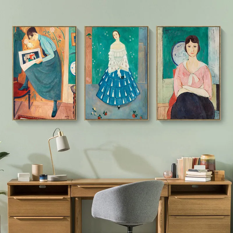 

Canvas Painting Wall Art European Niche Literary Retro Blue Skirt Girls Posters and Prints Decor Pictures for Home Decoration