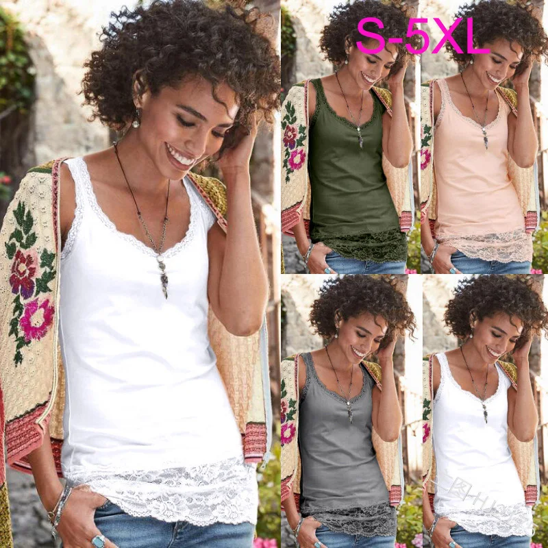 Женские хлопковые майки больших размеров с кружевным подолом однотонные