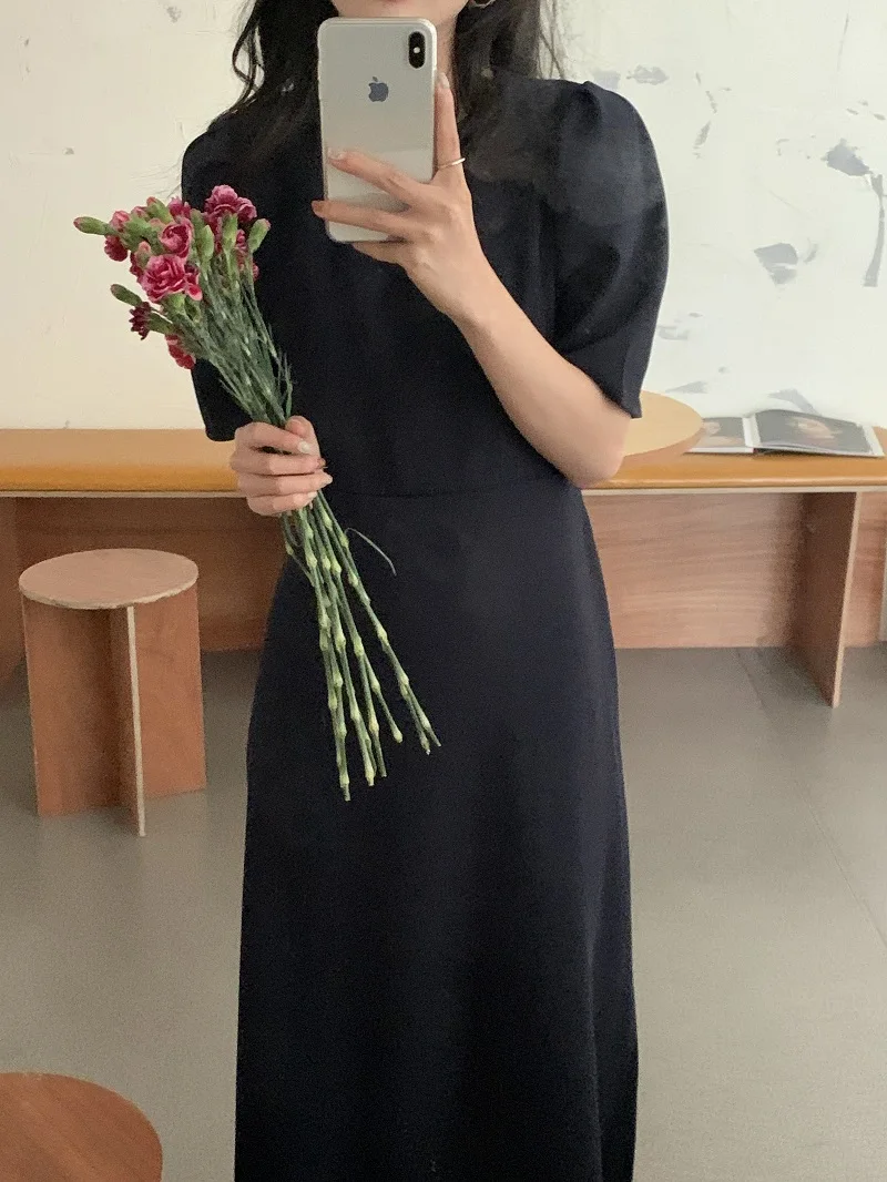 

Korean Summer Women Vintage Solid Puff Sleeve A-line Party Dress Fashion O-neck Sexy High Waist Office Lady Elegant Dress