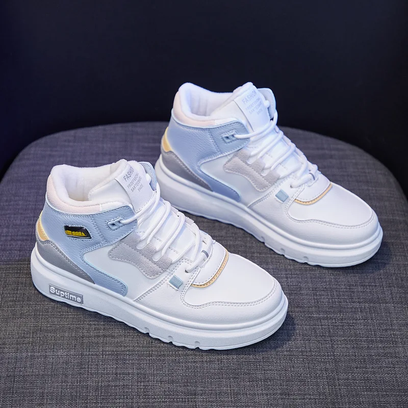 

New Winter Woman Thick-soled Korean Wild Cotton Shoes Vulcanized Shoes Plus Velvet High-top White Shoes Women Warm Running Shoes