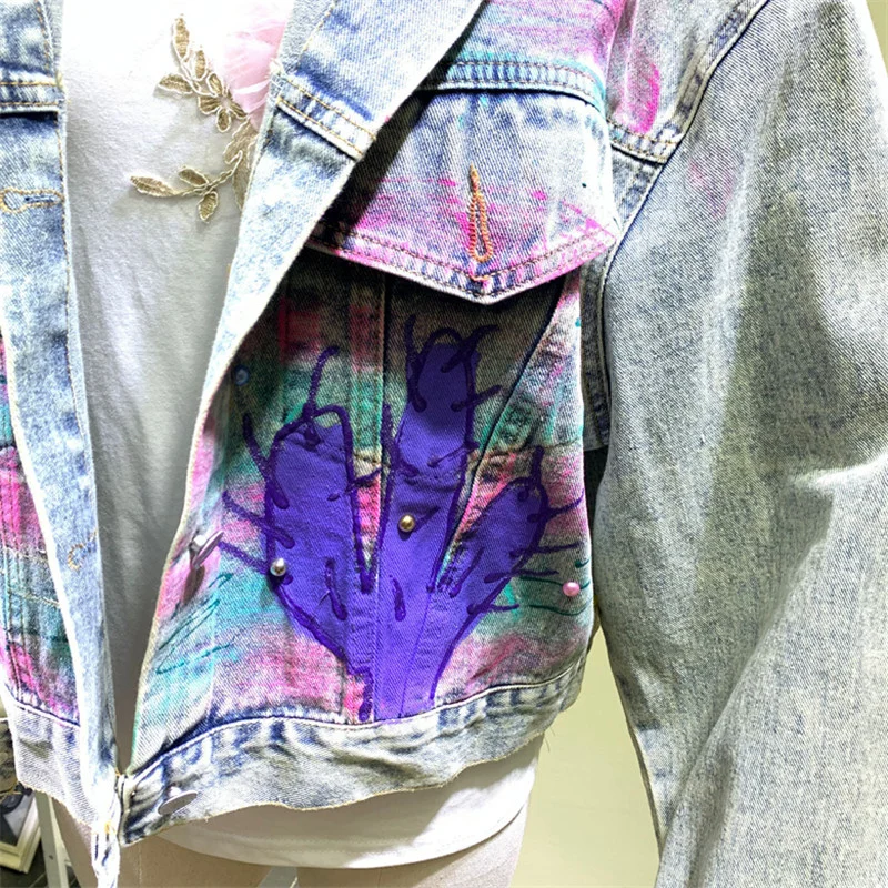 

Autumn Plus size Vintage loose Beading Graffiti print short denim jacket women's casual Single-breasted jean jacket Streetwear