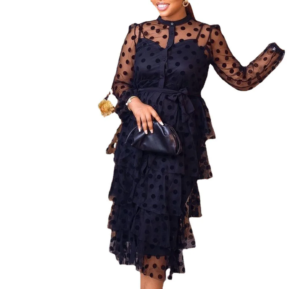 

Dress 2021 Round Neck Long Sleeve Sexy Perspective Net Yarn Dots High Waist Solid Color Oversize African Cupcake Dress