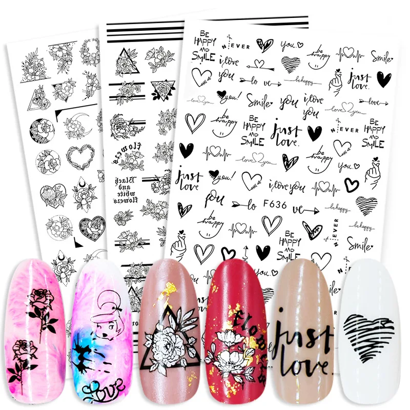 

Самоклеящиеся наклейки для ногтей, черно-белая модная новинка, фольга для ногтей, 3D наклейки для ногтей, дизайн маникюра, цветок, сердце