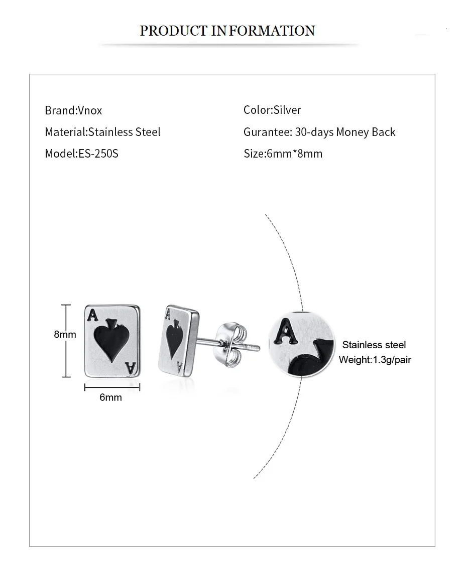 Vnox Lucky Spades A Poker серьги-гвоздики для женщин и мужчин из нержавеющей стали унисекс Brincos