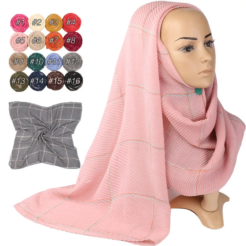 

2019 New muslim viscose rippled plaid scarf hijab islamic headscarf foulard hijab femme musulman arab head scarves female shawls