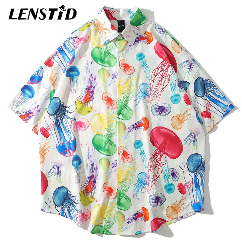 LENSTID Мужская гавайская рубашка в стиле хип-хоп с ярким принтом Медузы Harajuku