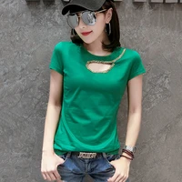 new women tee summer 2021 fashion casual patchwork hole o neck short sleeve basics easy to match slim t shirt tops