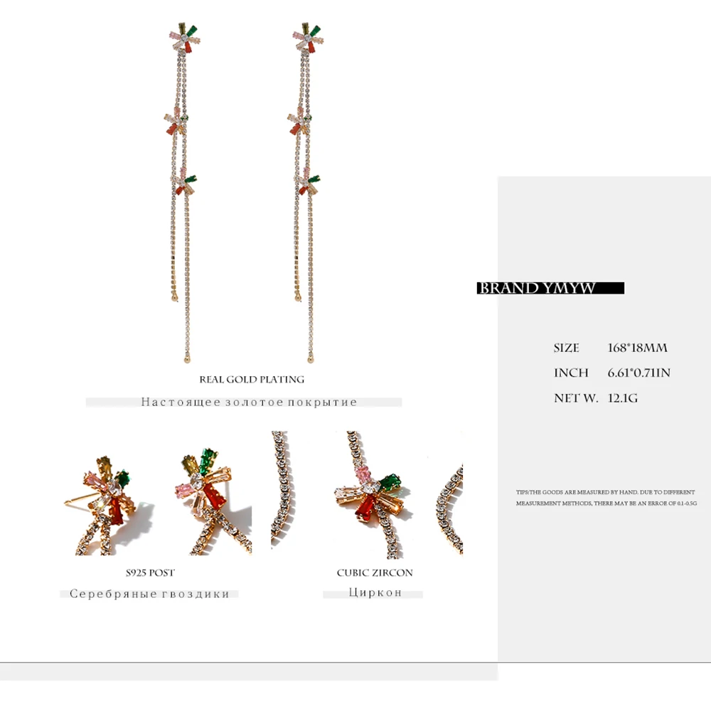 YMYW длинные висячие серьги с кисточками и кубическим цирконием для свадебной