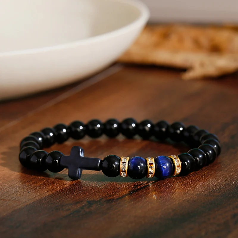 

Charm Cross Bracelet Black Matte Beaded Bracelets Handmade Tiger Eye Stone Men Women Prayer Fitness Jewelry