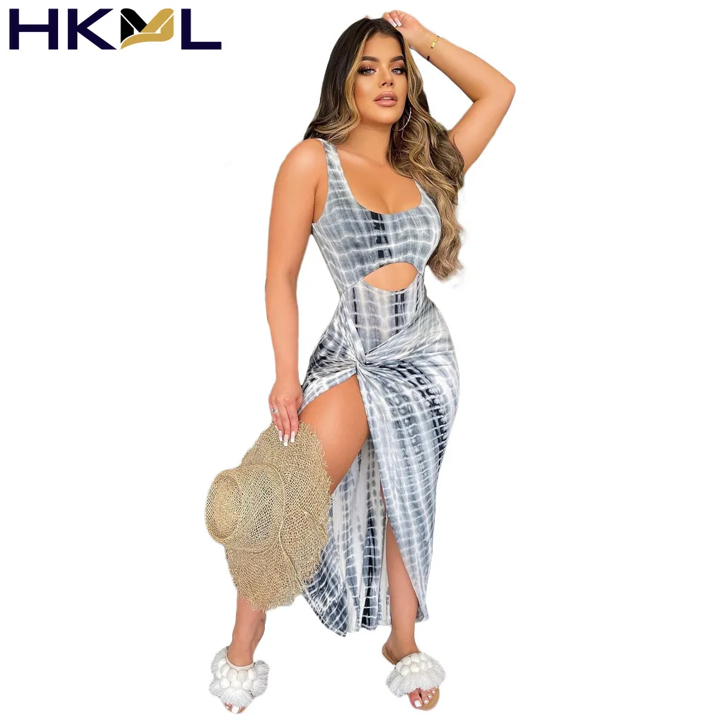 

Women Dress Hollow Asymmetry High Split Print Sleeveless Cut Out Sling Long Skirts Summer Casual Fashion Tracksuit