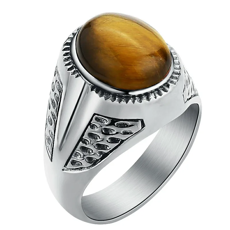

Valily Jewelry Men's Simple Tiger Eye Ring Stainless steel Oval Stone Band Golden Ring For Women Weeding Party Jewelry for Men