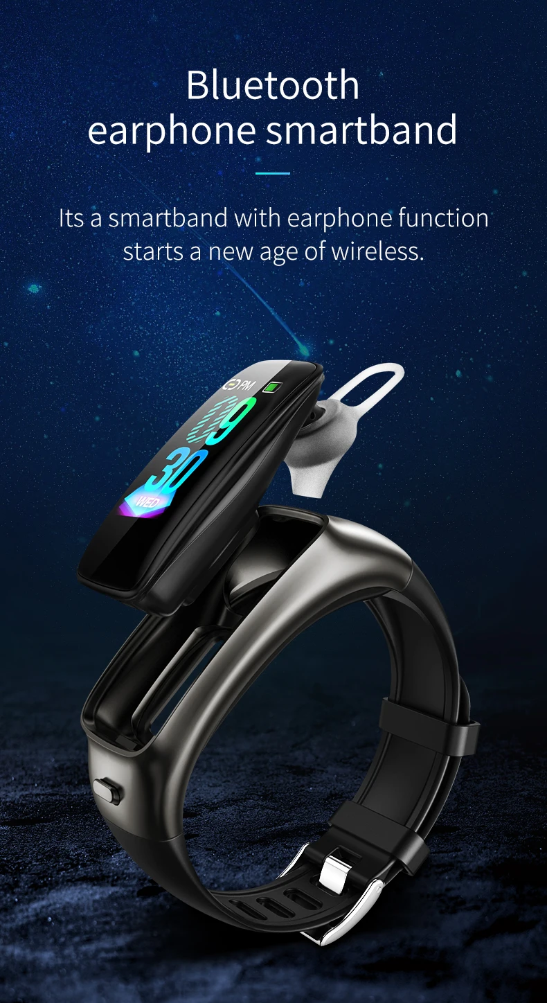 TB02 Bluetooth наушники умный браслет 2 в 1 шумоподавление с микрофоном 0,9" пульсометр кровяное давление смарт-браслет музыкальные гарнитуры