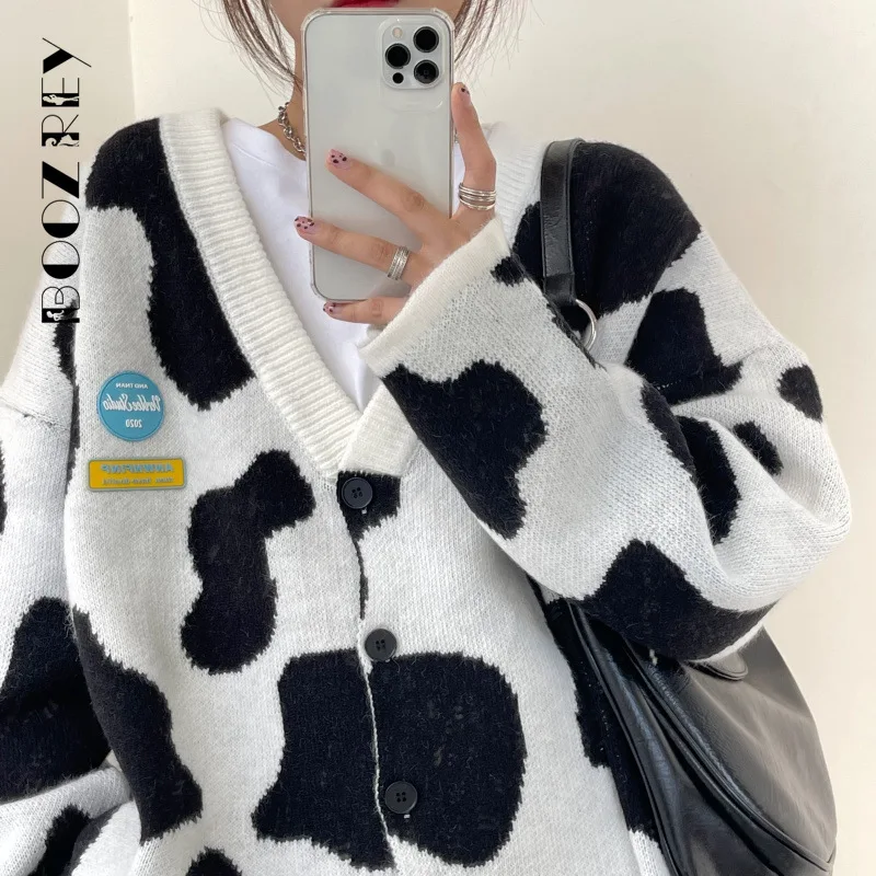 

BoozRey Women Cardigan Retro Knitted Sweater Tops Fashion Fall Winter Clothes Loose Thicken V-neck Sweaters for Womens Jacket