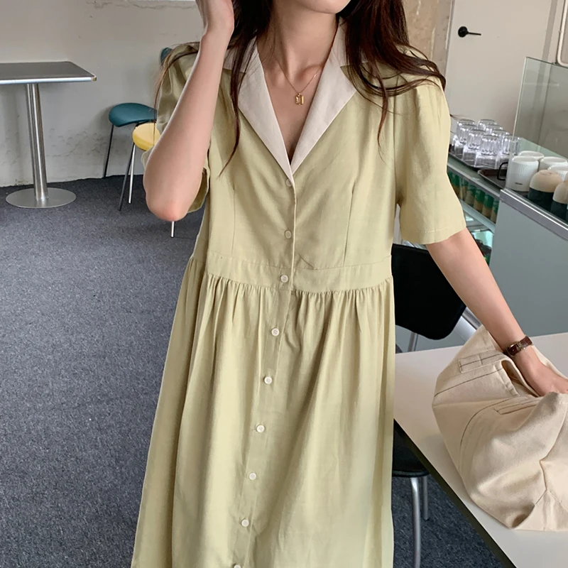 

Korejpaa Women Dress 2021 Summer French Retro Hepburn Style Suit Collar Single-Breasted High Waist Loose Puff Sleeve Vestidos