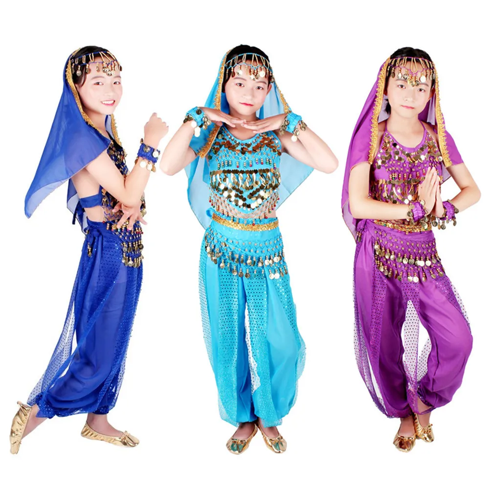 6 Colors Children Belly Dance Costume Set Ballroom Dance Kids Top Hip Scarf Pants Belly Dance Accessories India Clothing Girls