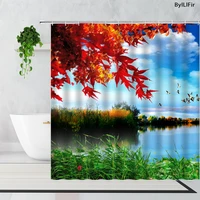 blue sky lake water natural scenery shower curtains red leaves green plant printing waterproof bath curtain for bathroom decor