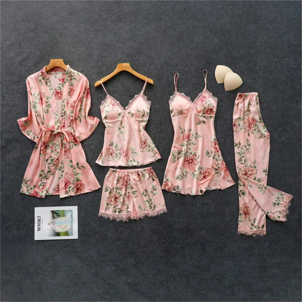 

Women's Pajamas Silk Floral Overall Print 5Pcs Pajama Set Satin Pyjamas Sexy Lace Pijama Nightie Sleepwear Home Clothes