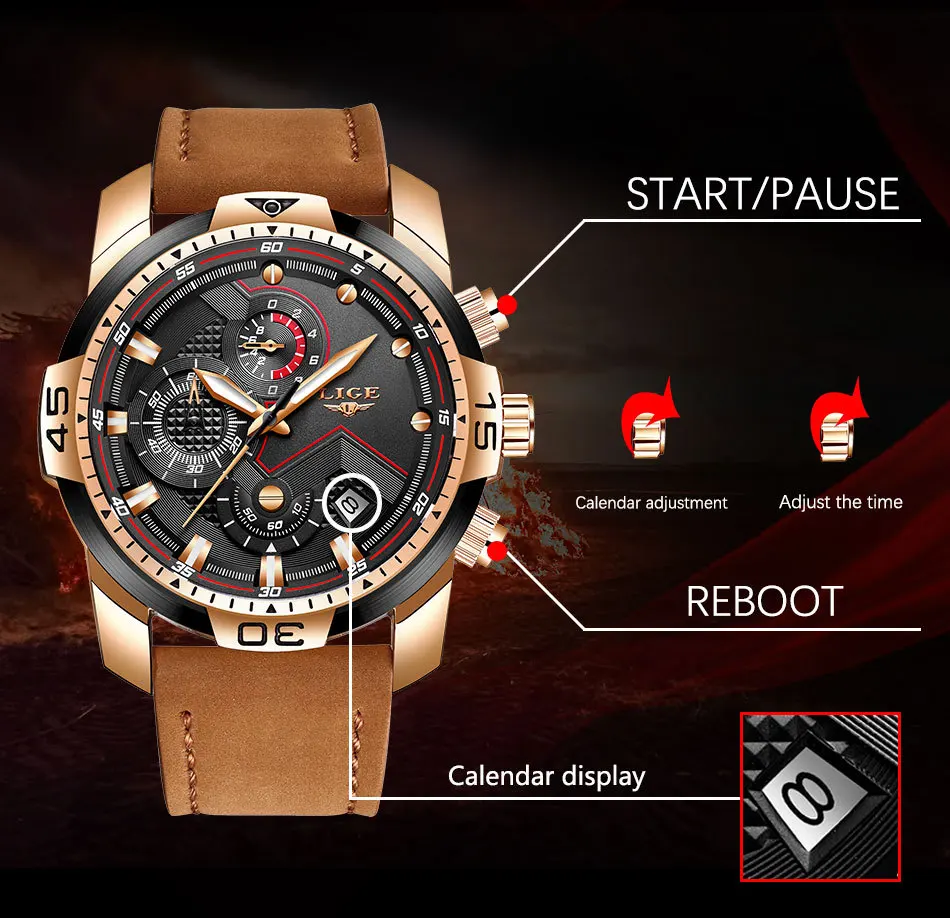 

LIGE 9923 High Quality Leather Men Business Dress Watch Luxury Multifunction Quartz Sports Waterproof Male Wristwatches